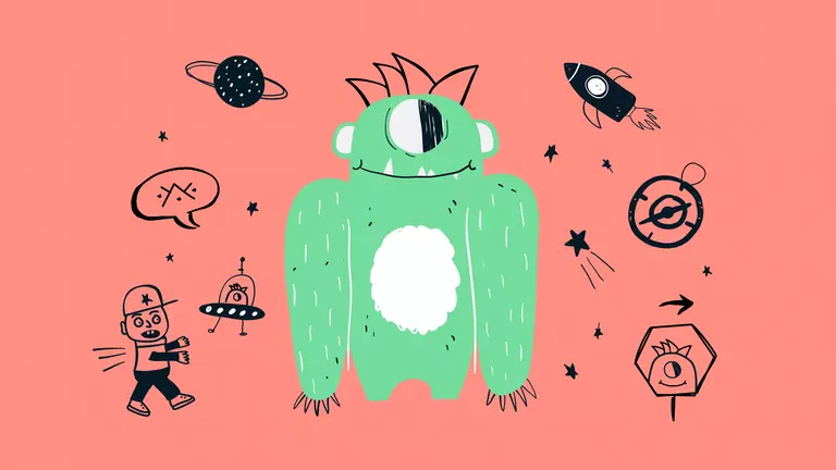 Animated alien in green with space objects around him.