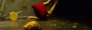 A chaotic scene with a lady blown upside down by strong winds. She wears a red dress with her legs in the air. Debris in scattered all around her.
