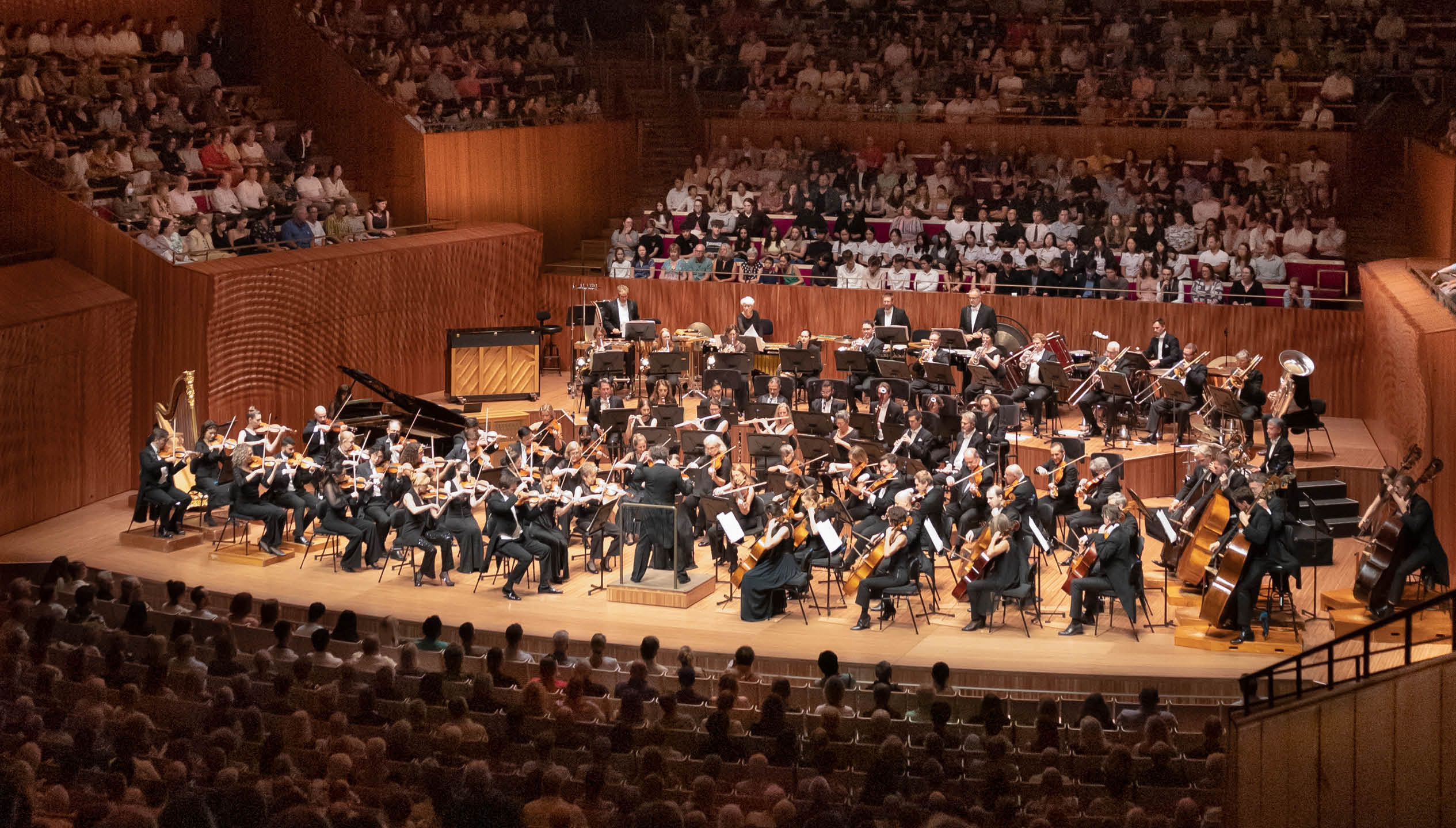 An orchestra is playing. We can see people playing violins, violas, cellos, percussion, brass and woodwind. A seated audience surrounds the orchestra.