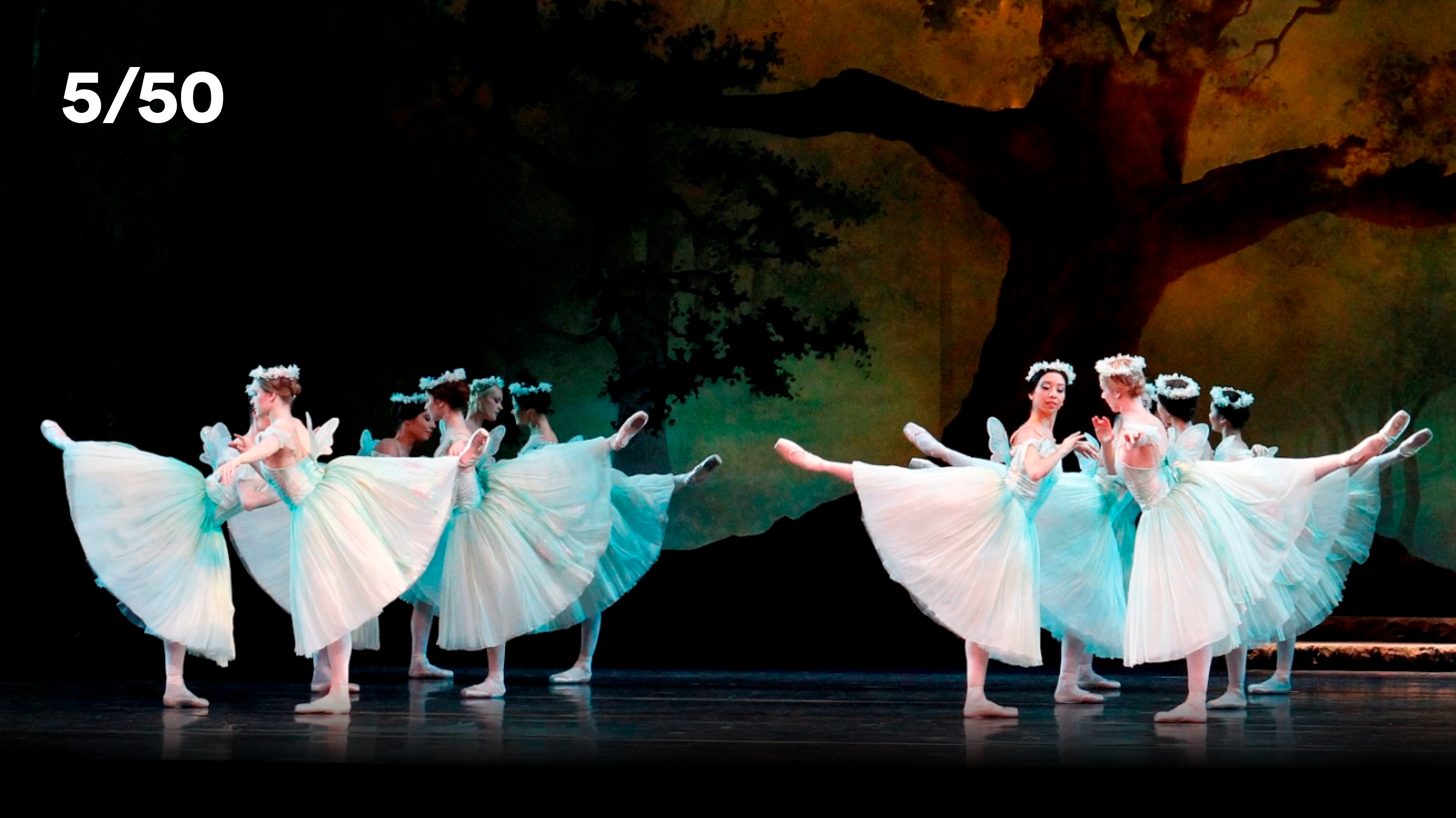 Two groups of six ballerinas on stage, in arabesque, wearing long white tutus and flower crowns.