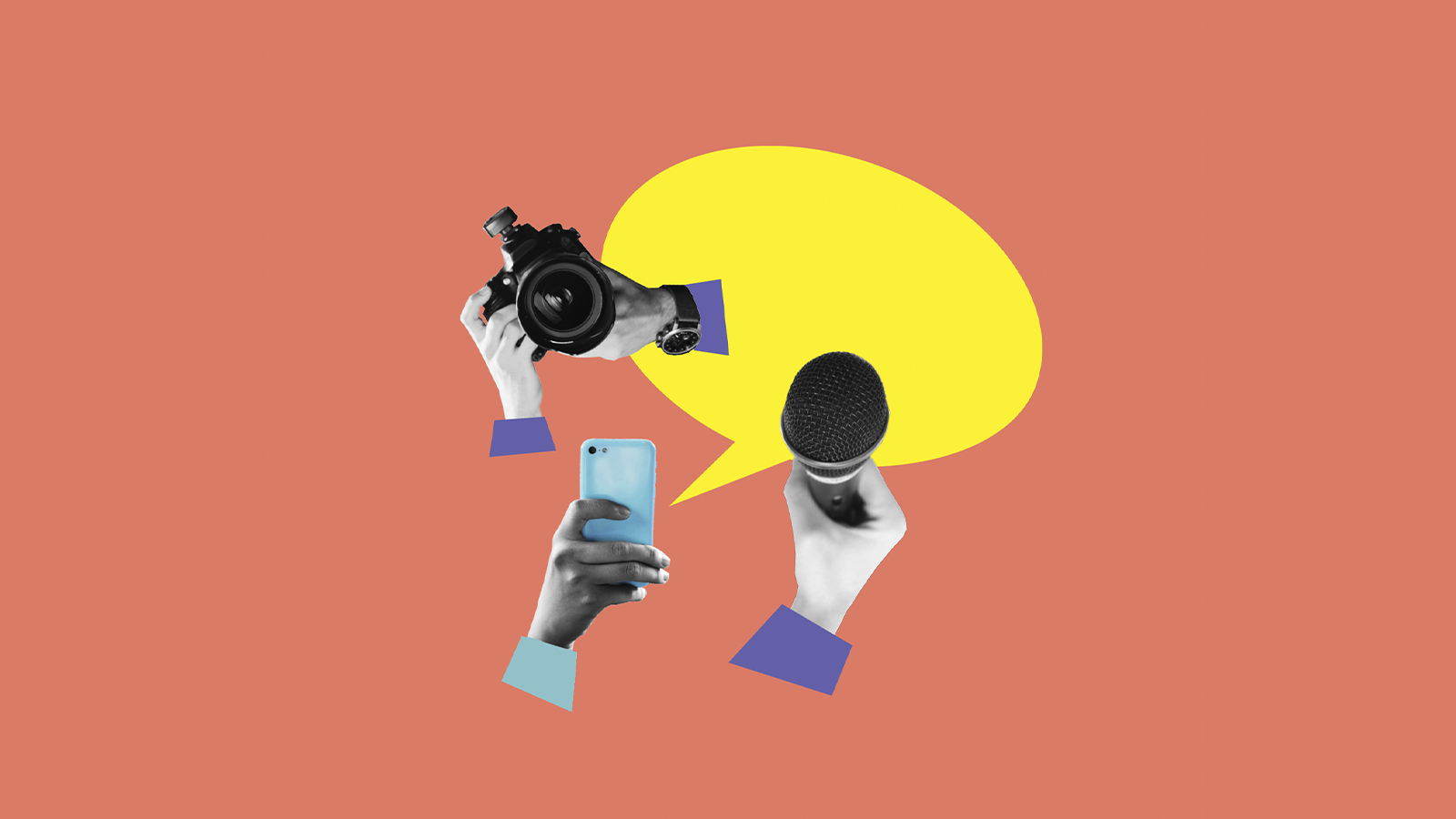 An animation of three hands holding a mic, camera and a phone.