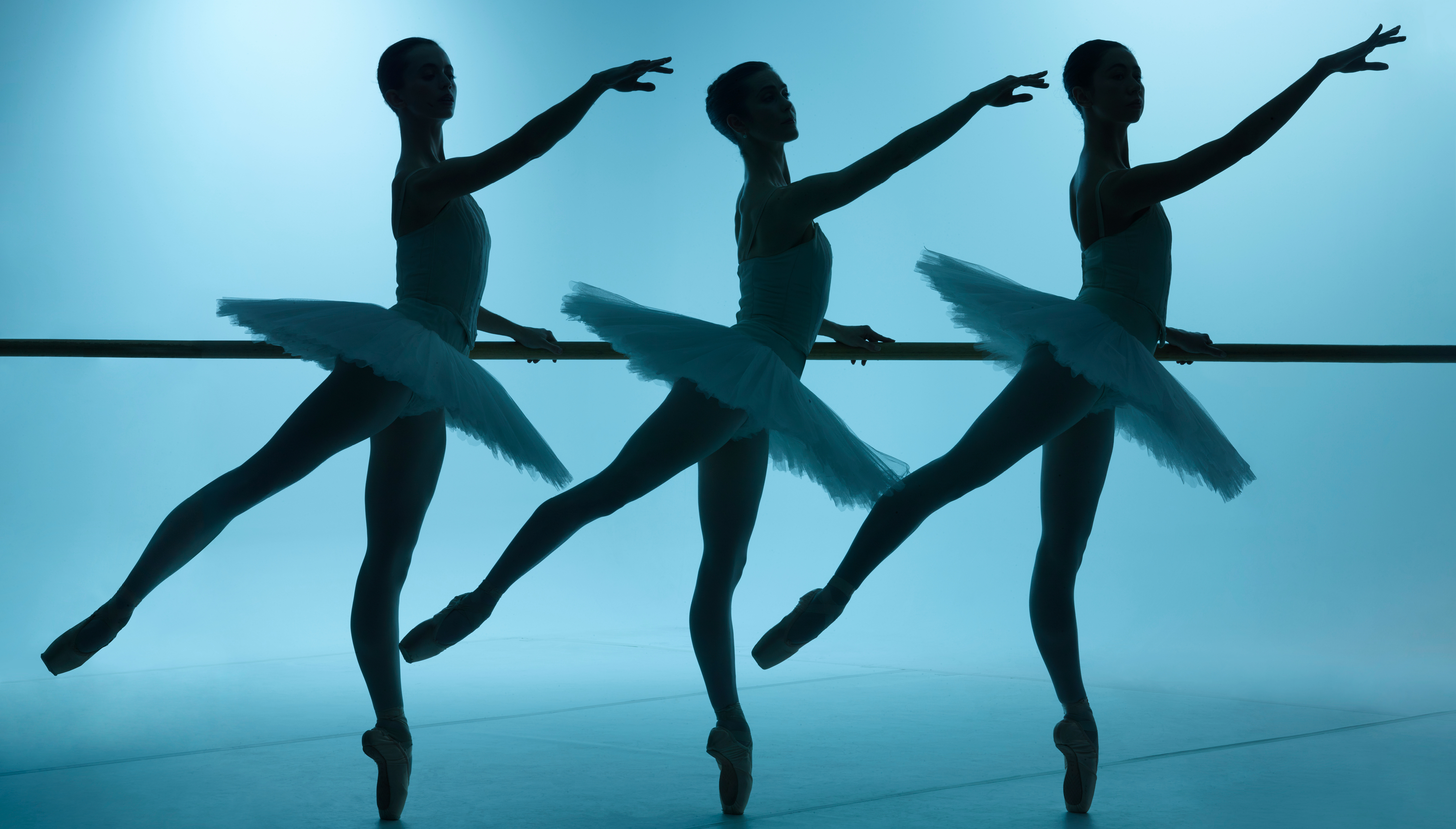 Three ballerinas in silhouette wear tutus with one arm stretched in front of them and one leg pointed behind them.