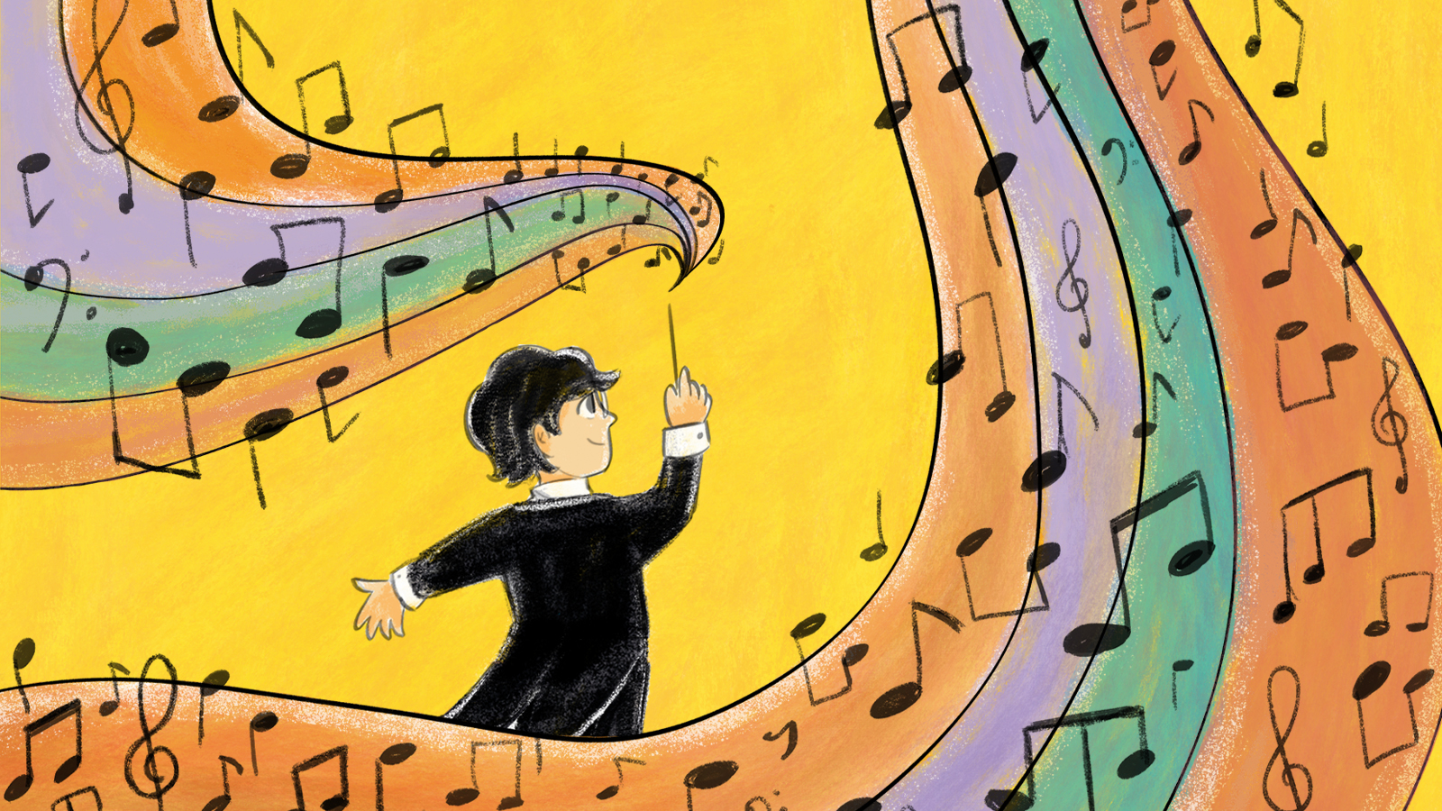 Against a yellow background a cartoon conductor wearing black with white shirt cuffs holds up a baton. An orange, green and purple rainbow with musical notes is coming from it.