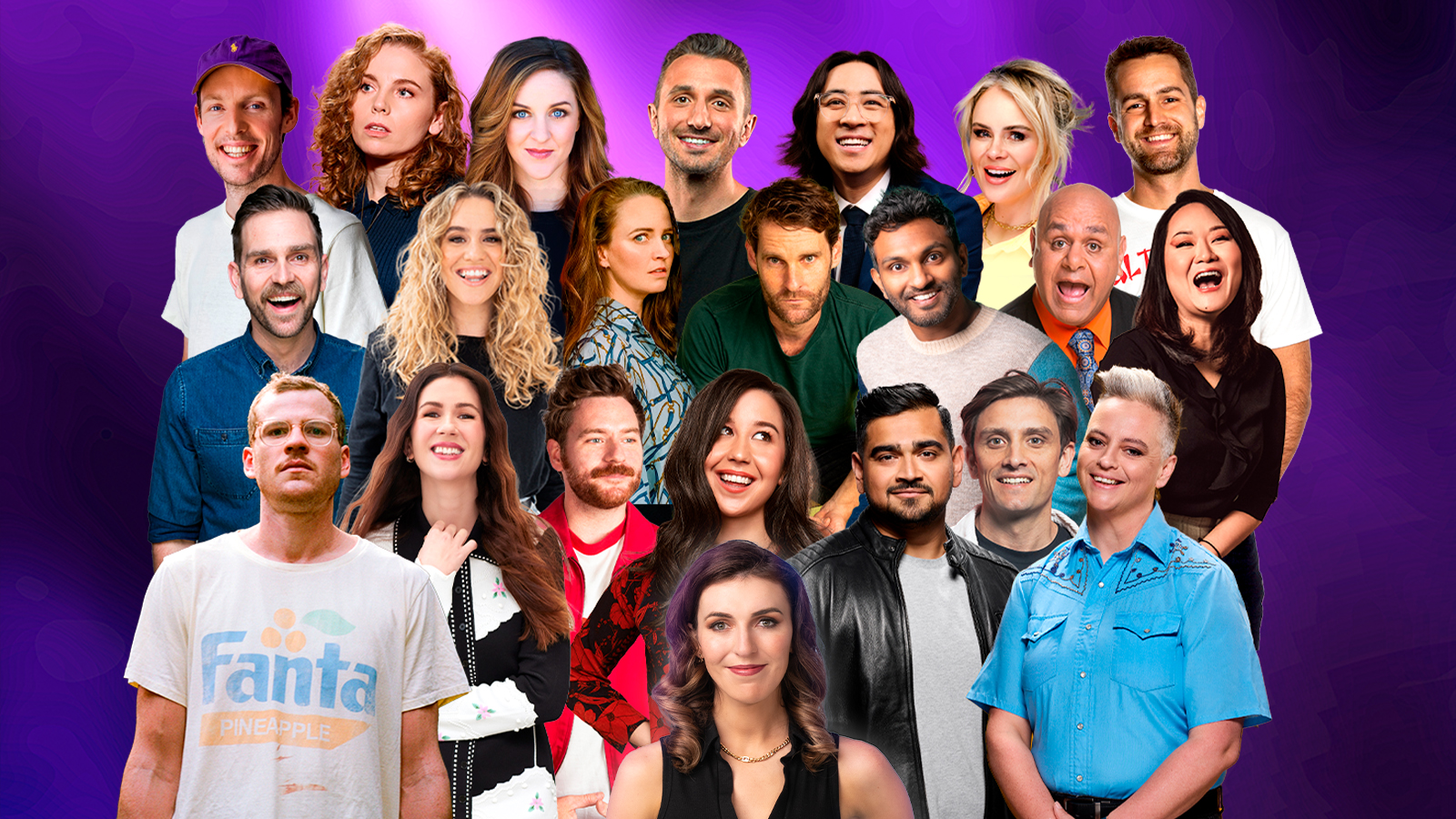 21 comedians of all different genres and backgrounds pose behind Melanie Bracewell, a white woman with brown medium length hair wearing a black V-neck top. The background is purple.