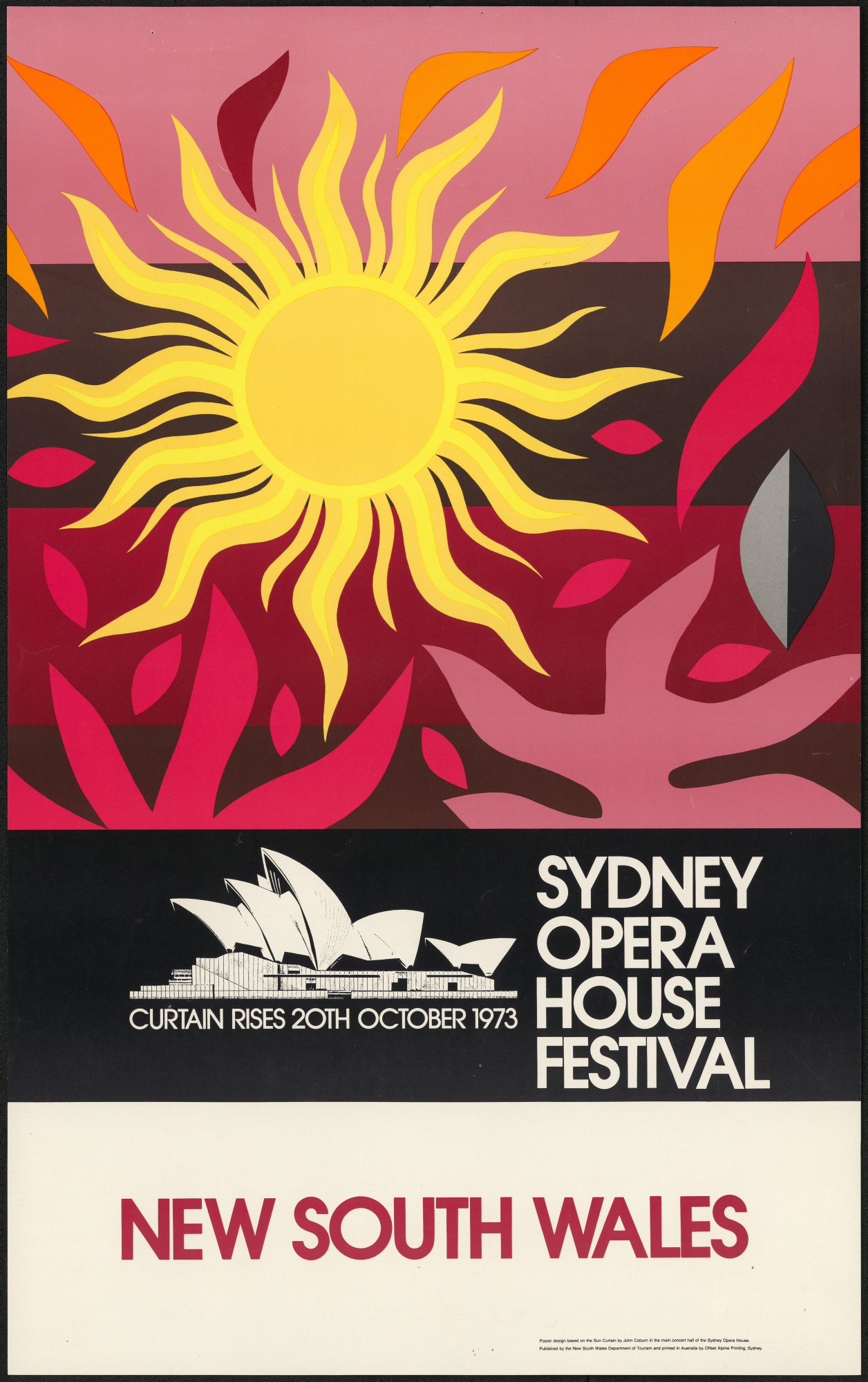 A poster for the Sydney Opera House Festival with a bright yellow sun against red and pink coral illustrations with the Opera House underneath from 1973