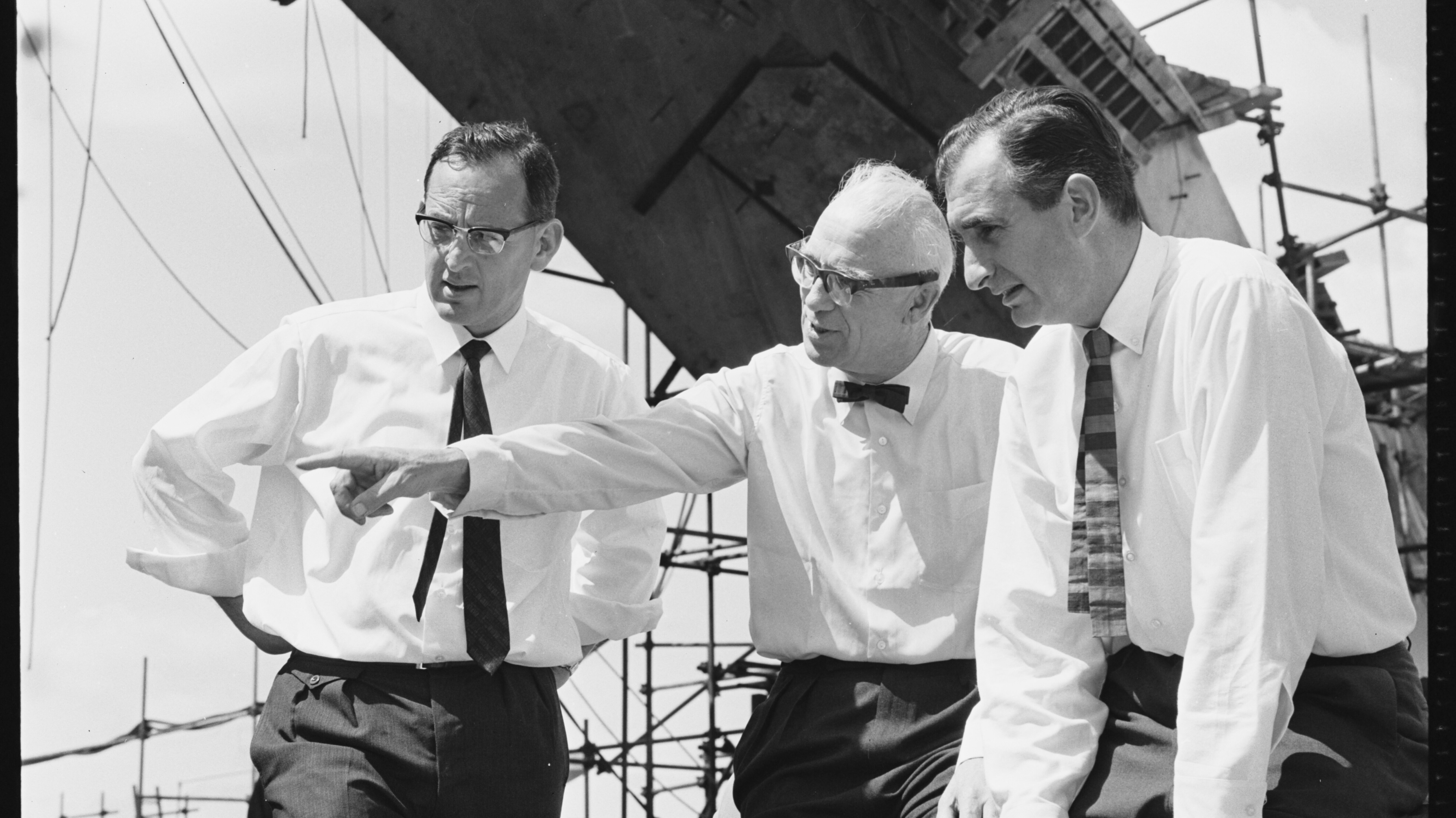 Mick Lewis, Ove Arup and Jack Zunz on the Opera House construction site, October 1964, Max Dupain, Mitchell Library, State Library of New South Wales