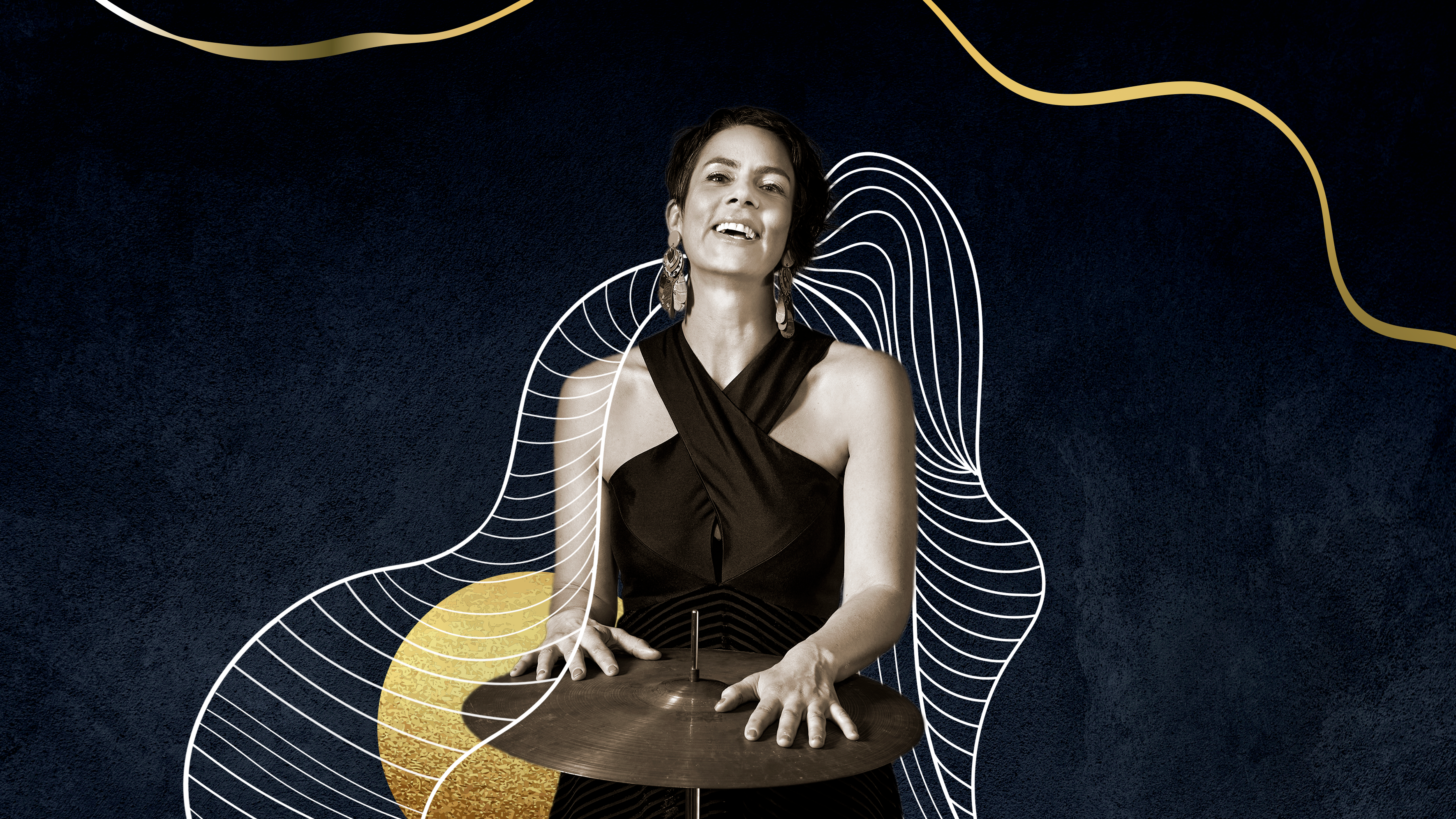 A woman in black dress standing with her hands on a crash cymbal.