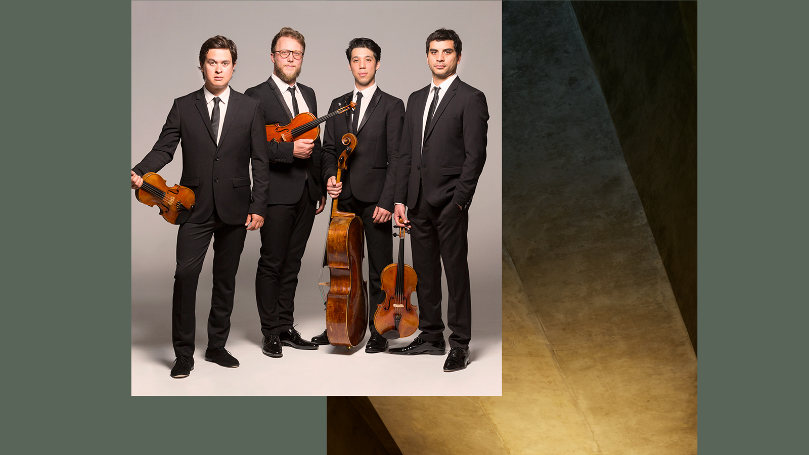 Four men in black suit holding violins and a cello.