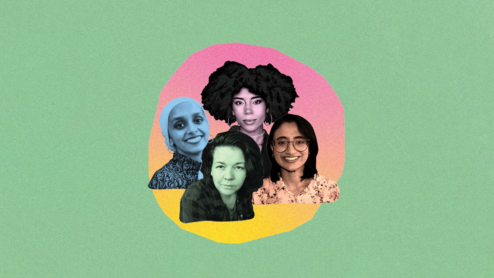 Four women's headshots cut out into a pink and yellow circle on a green background.