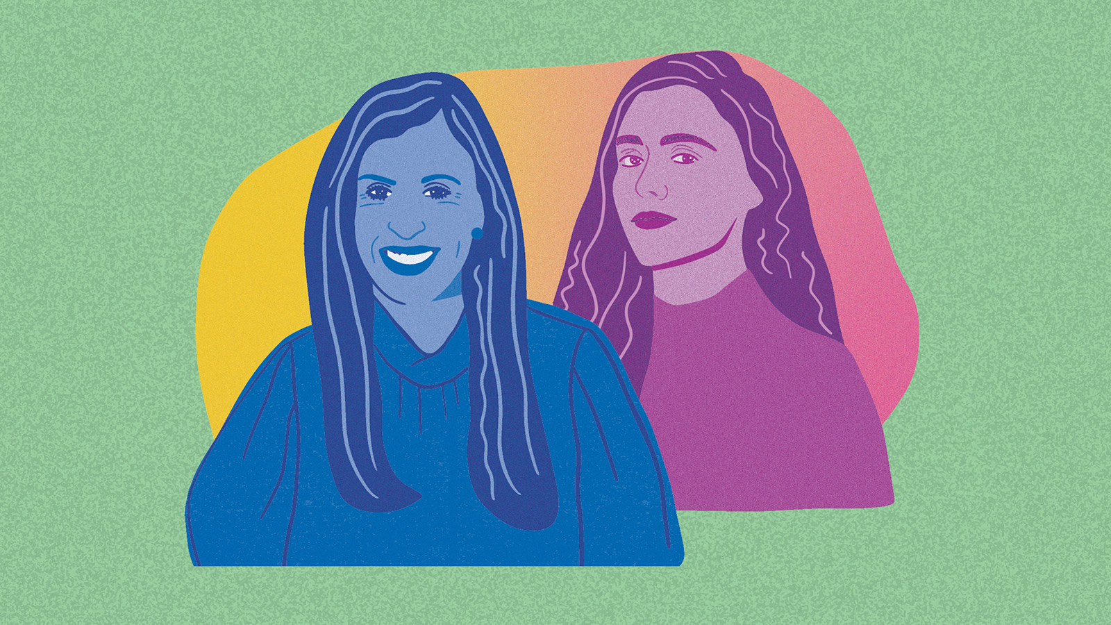 Two animated women in blue and pink colour.
