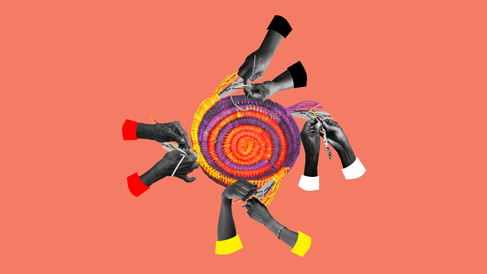 An animation of multiple hands doing jute weaving.