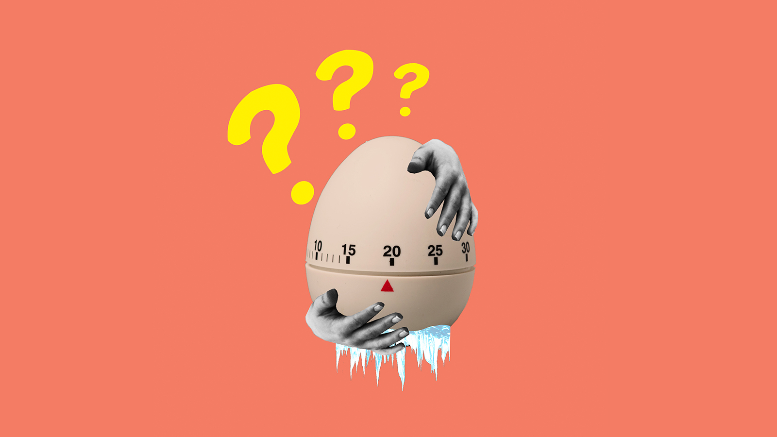 Two hands holding an animated egg divided into two and used as a timer with frozen ice at the bottom.