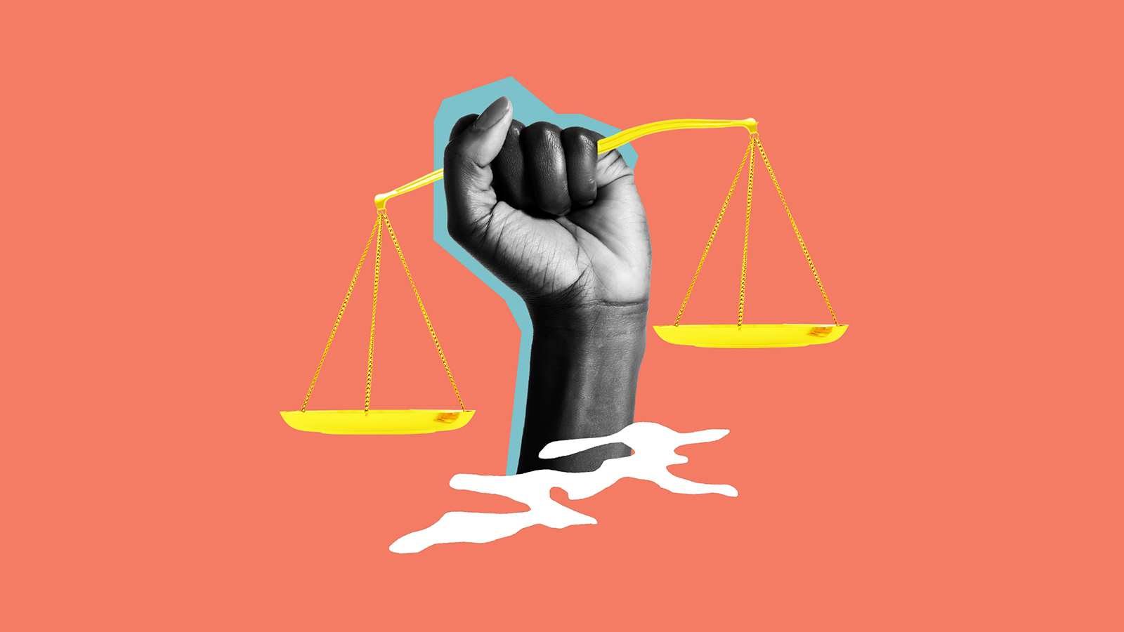 An animated hand holding the scale of justice.