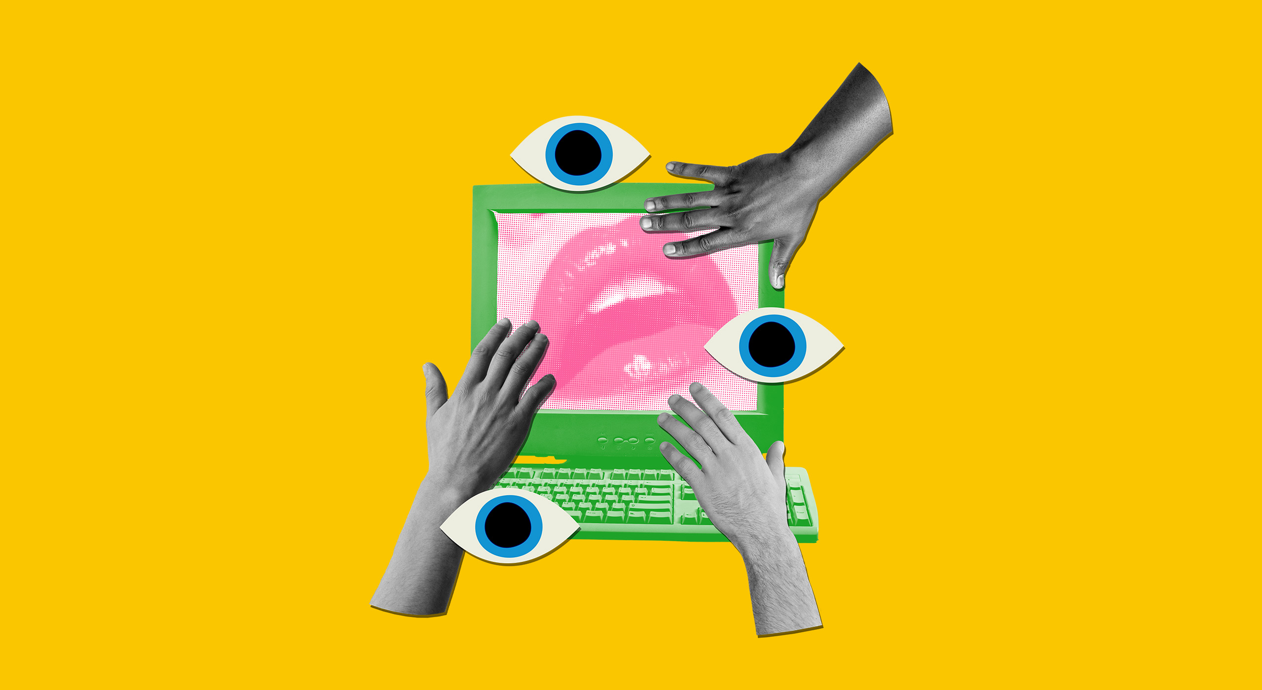 A graphic collage featuring a computer screen  with a close up picture of lips with shiny lip gloss. Hands reach towards the screen and three eyes surround the collage.