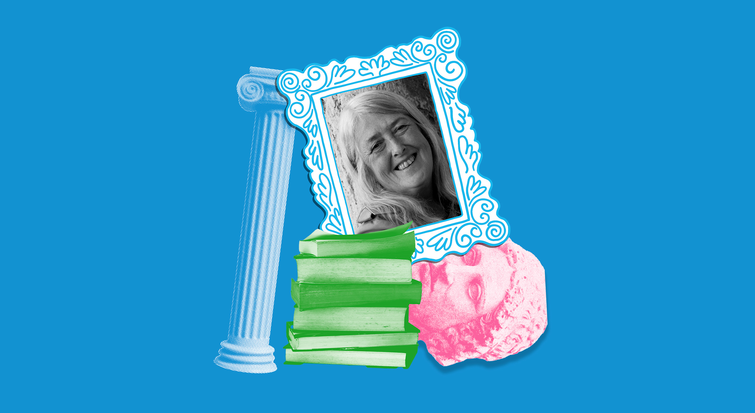A black and white picture of a mature white woman with white hair in a cartoon frame sitting on a pile of books, and propped up with a Roman column.