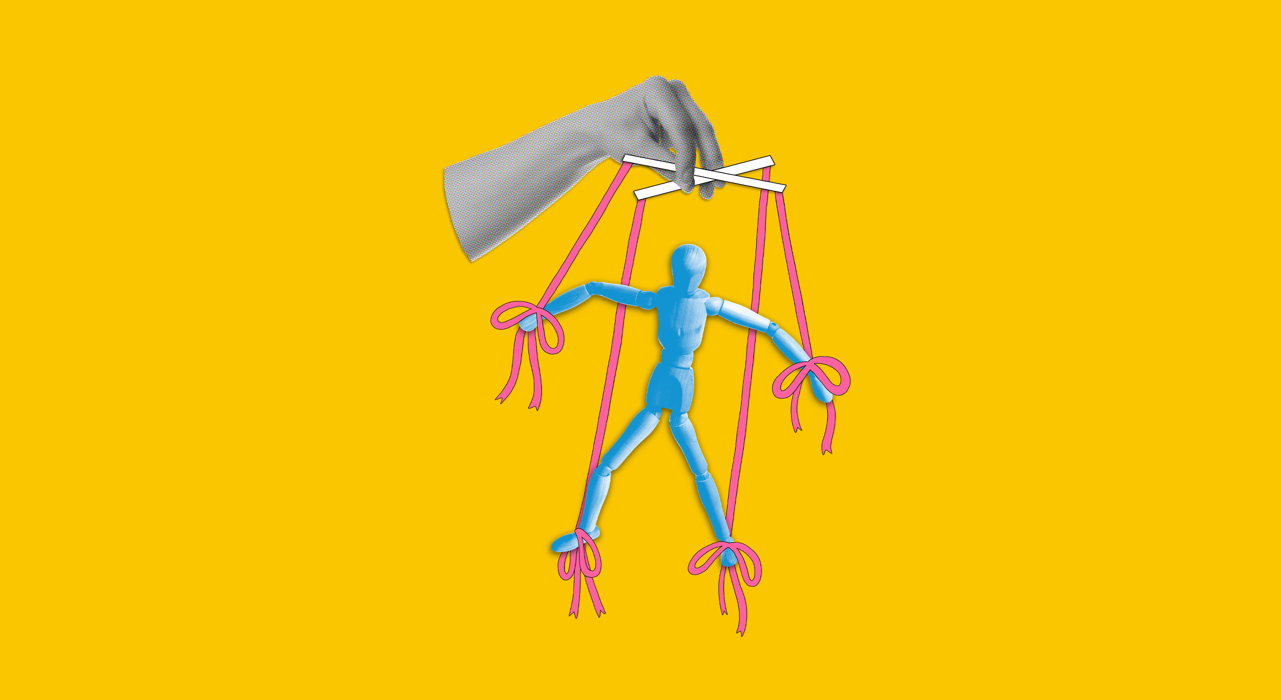 A collage of a hang controlling a wooden puppet with pink strings.