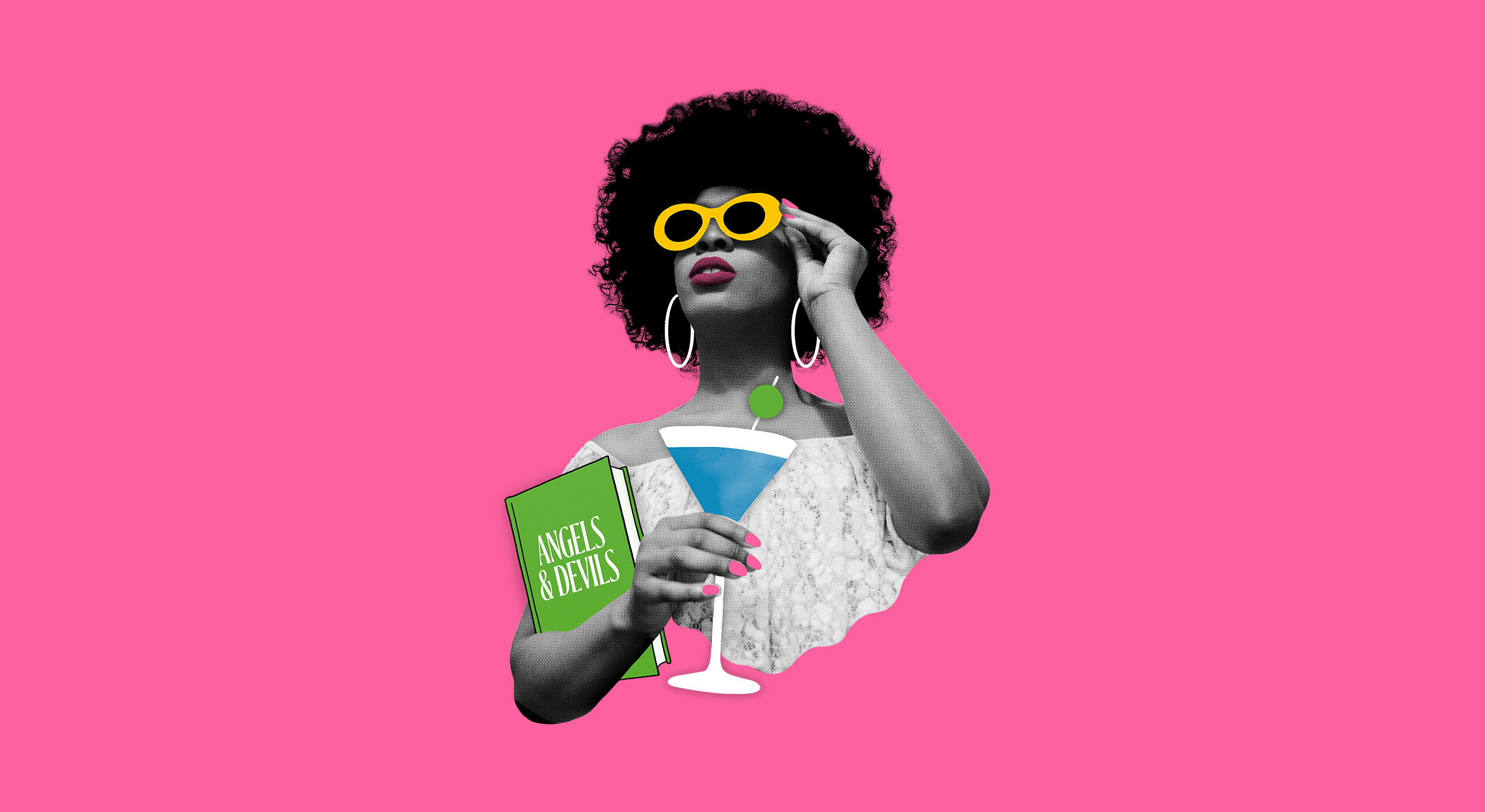 A collage of a black women with curly black hair hair looking stylish with yellow sunglasses, large hoop earring and a martini.