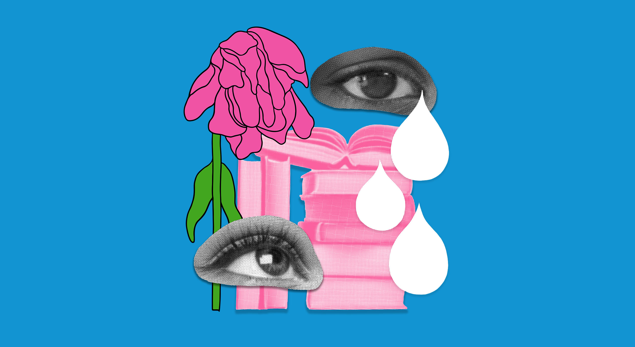 A collage of images featuring two crying eyes, a pile of books and a wilting flower.