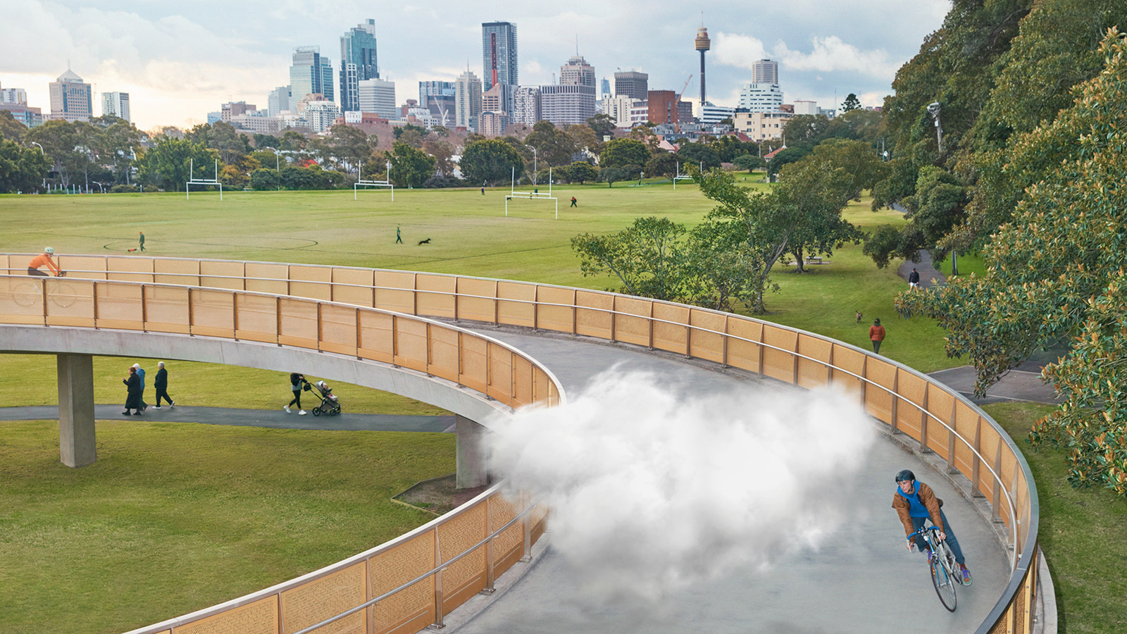 A cloud moving with a man as he cycles on a bridge.