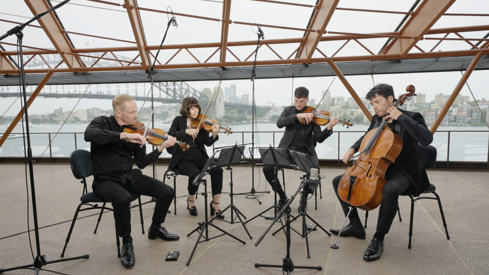 A string quartet playing in the foyers of the Sydney Opera House.