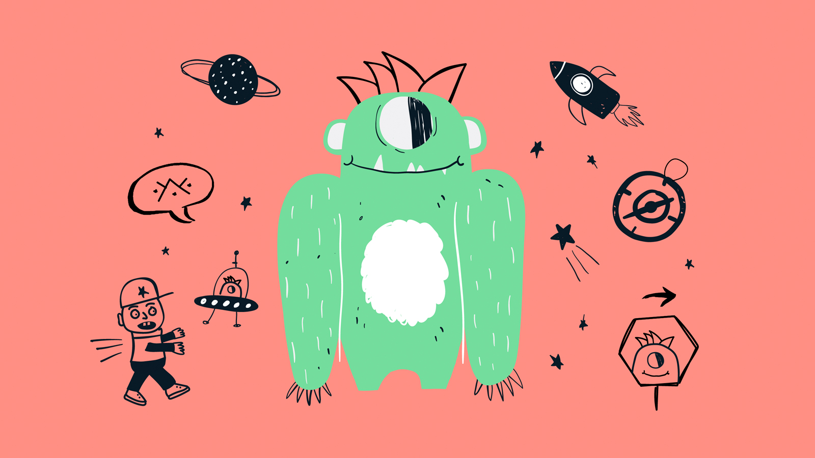 Animated alien in green with space objects around him.