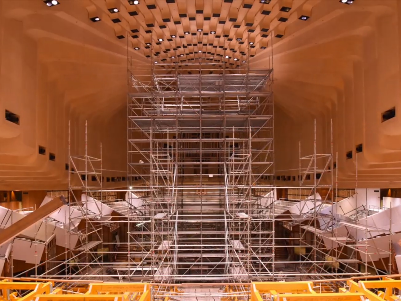 Scaffolding installed to reach the ceiling of the Concert Hall.