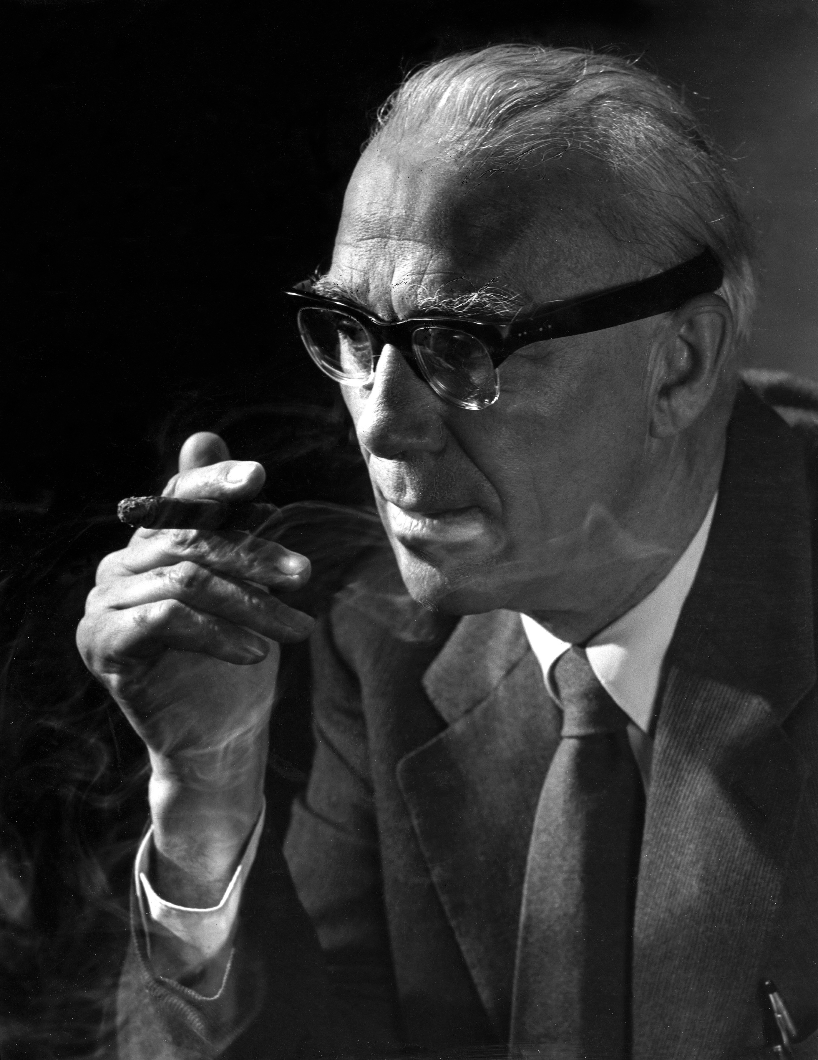 A person wearing glasses, in a suit and tie smoking a cigar.