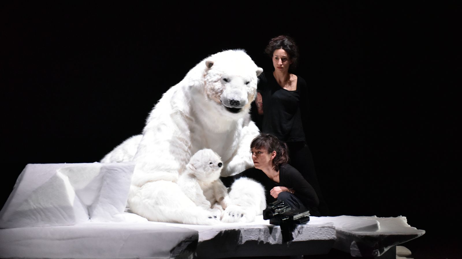 A mother and a cub polar bear puppet standing on a small block of ice.