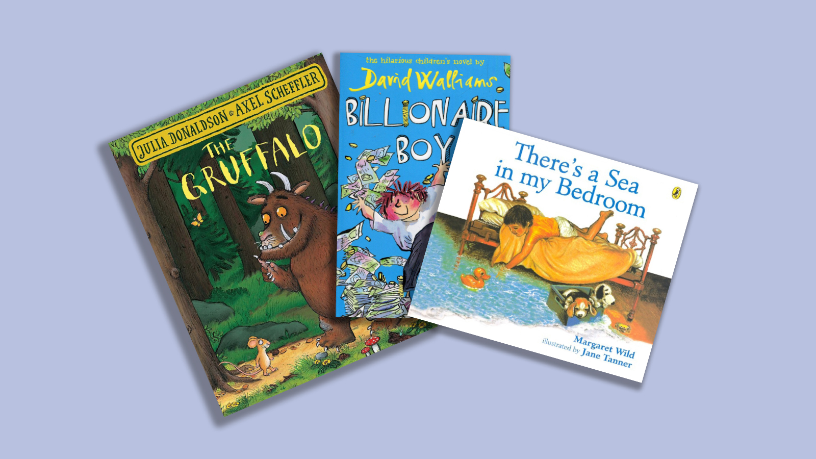 Three books with a gruffalo, boy and a boy in bed on the covers.