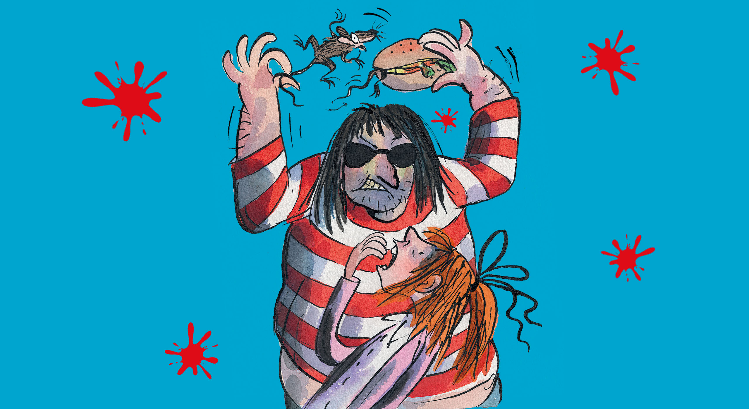 Illustration of a man with stripy clothing, sunglasses and long hair holding a rat and a burger above his head. A little girl with a red haired ponytail stares up at him and gasps