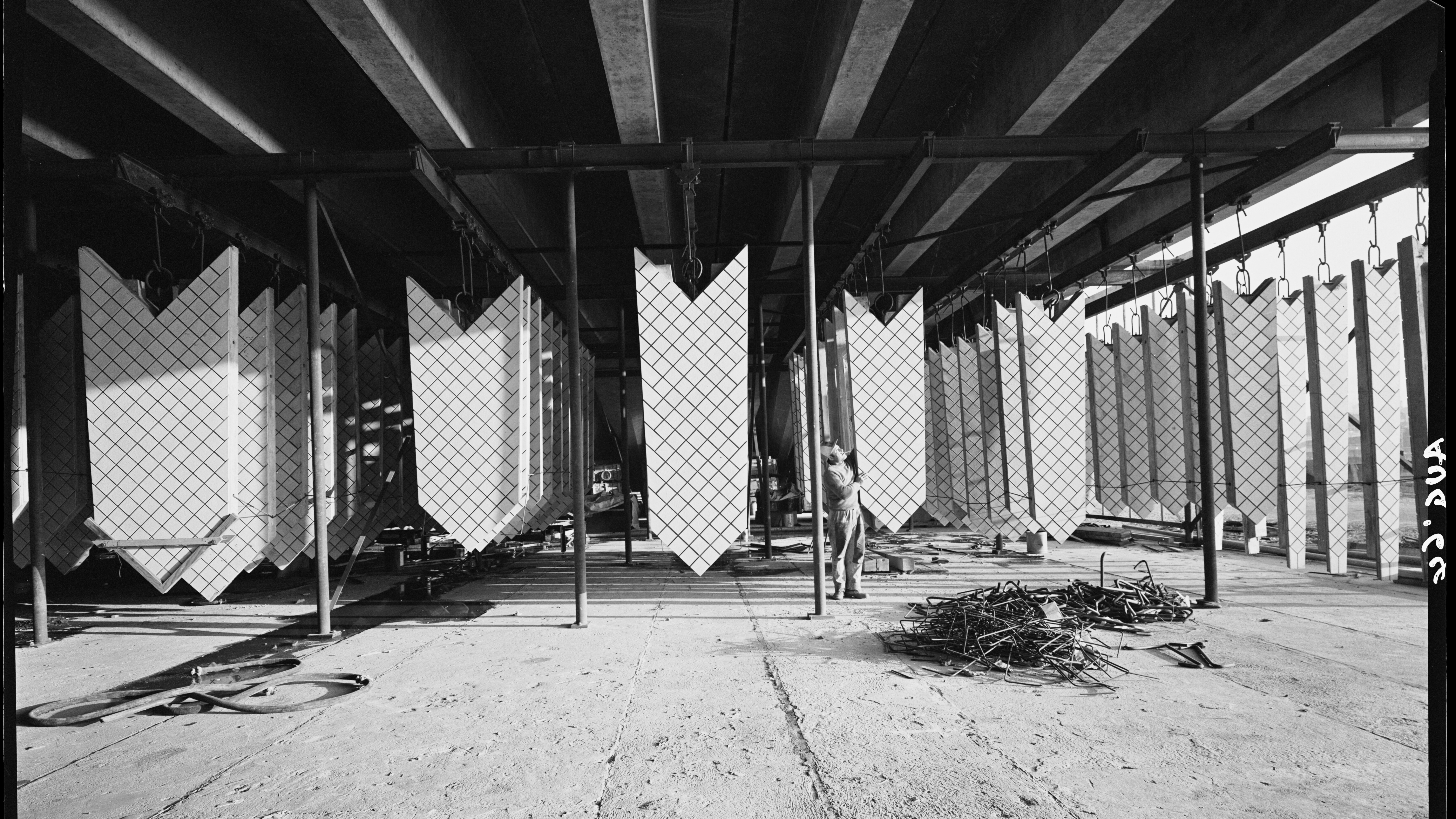 Tile drying storage, August 1964, Max Dupain. Mitchell Library, State Library of NSW [ON 562/nos. 370-372]