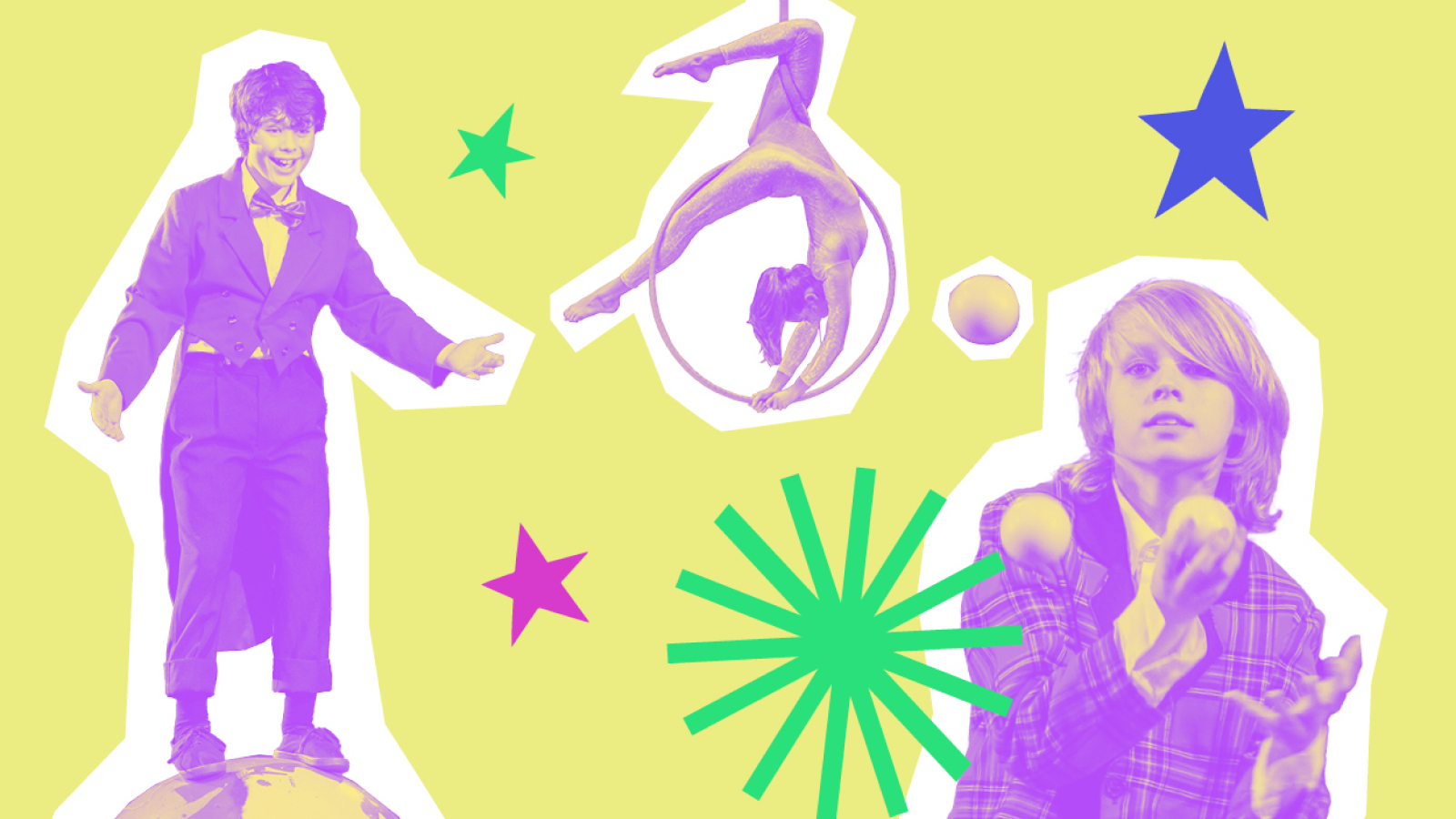 A collage of people showing their circus skills.