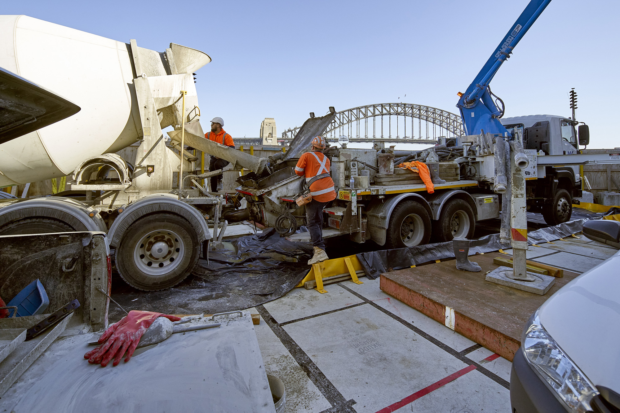 Concrete being transported into the Concert Hall with a boom pump.