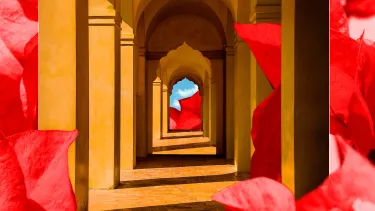 Image showing a Morrocan style mustard yellow hallway with red flowers graphically shown around it