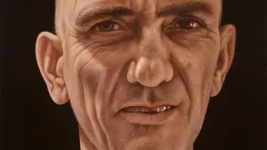 A painting of a man with no hair and blue top facing forward.