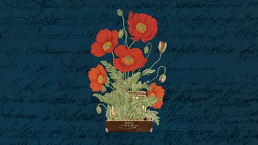 Painting of red daisies coming out of a wooden box.
