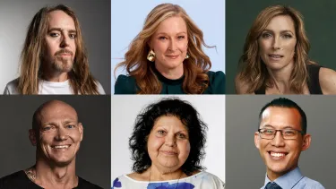 A collage of six diverse individuals, each shown from the shoulders up, portraying a range of expressions from relaxed to cheerful, set against various colored backgrounds.