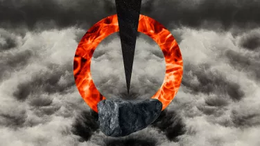 graphic showing a firey circle with a sharp dagger pointing towards a stone superimposed over gloomy clouds