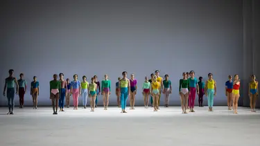 A group of dancers wearing colorful leotards in various shades, lined up in a semi-circle on a light-colored stage.