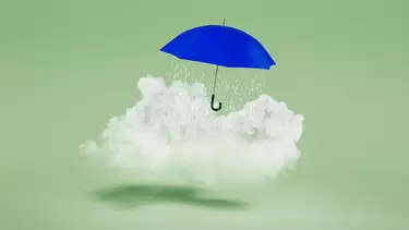 An animation of an umbrella on top of a cloud and the rain coming through the umbrella.