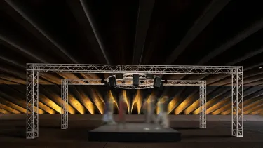 Four blurry figures under a steel frame in a concrete tunnel.