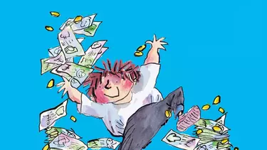 An illustration of a boy throwing money in the air