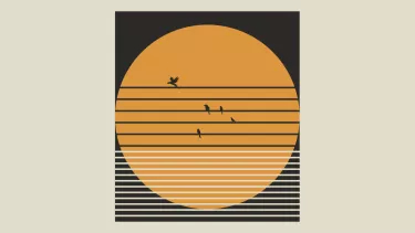 An orange circle on a black rectangle with black horizontal wires across the center and silhouette of 5 birds sitting on the wires.