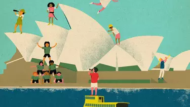 An animation of kids jumping on the sails of Sydney opera house.