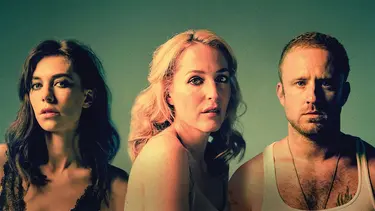 Three individuals photographed against a gradient background: a woman with long dark hair and a black top, a woman with medium-length blonde hair in a light-colored top and a man with short hair in a white tank top.