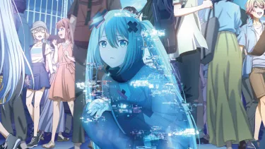 A translucent blue-haired virtual girl kneels on a busy city sidewalk, appearing glitchy and digital while crowds of people walk past her without noticing.