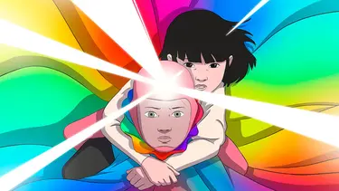 An animated image depicting a person with a bald head and a child holding onto them, surrounded by colorful, flowing fabric and rays of light.