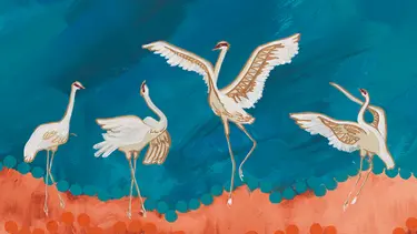 A painting of four white birds that appear to be dancing in a circle on an orange ground against a blue sky.