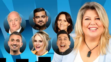 Four male and three female comedians are shown against a blue background.