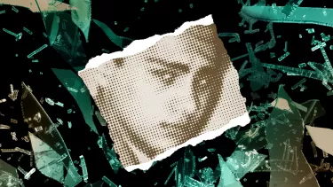 A speckled sepia image of a young boy against a background of broken glass